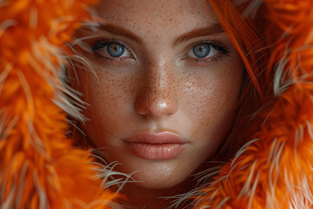 Close up portrait of a beautiful young woman with orange fur coat.の写真素材