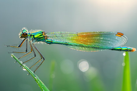 Close up of dragonfly on green leaf with bokeh backgroundの写真素材