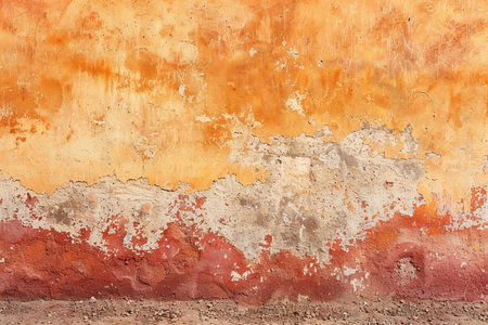Texture of old rustic wall covered with yellow and red stuccoの写真素材