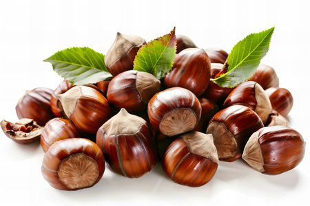 chestnuts with leaves isolated on white background. Shallow dof.の写真素材