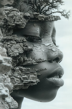 Close up of a woman's face made of stone and tree.の写真素材