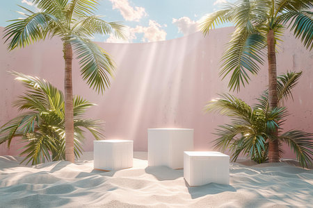 3d render of minimal display podium with palm tree and sunlight.の写真素材
