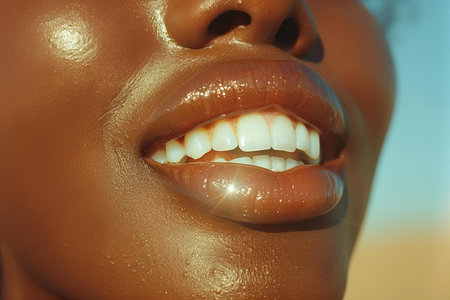 Closeup portrait of beautiful african american woman with perfect teethの写真素材