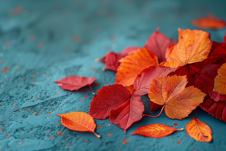 Autumn leaves on a blue textured background with copy space.