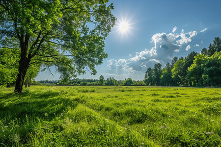 Green meadow under blue sky with white clouds. Nature background.の写真素材