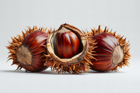 Three chestnuts on a white background. Close-up. Selective focus.の写真素材