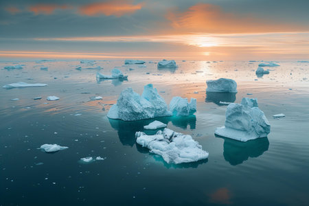 Icebergs in the ocean at sunset, Antarctic Peninsula, Antarctica