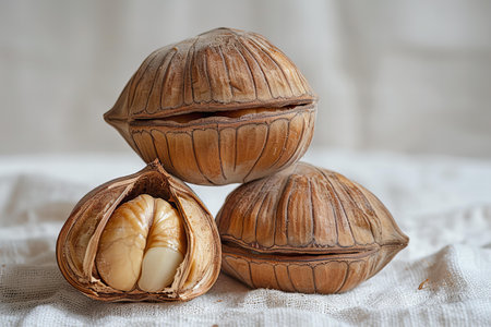 Macadamia nuts in shell on a white background, close up
