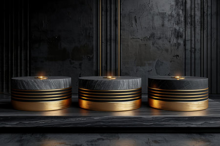 3d render of luxury black and gold marble podiums with burning candles in dark roomの写真素材