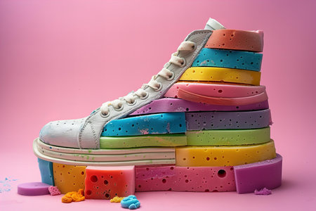 Pile of multicolored gumshoes on a pink backgroundの写真素材