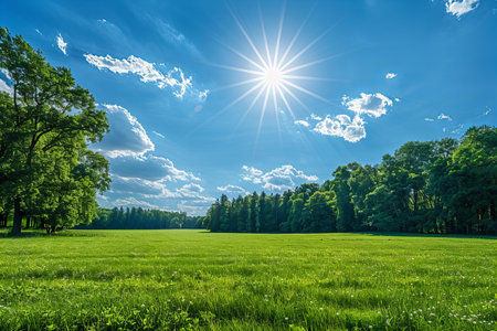Sunny summer landscape with green meadow, trees and blue skyの写真素材