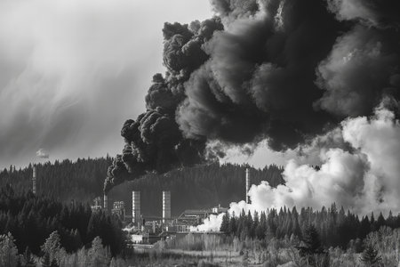 Black and white photo of industrial smoke from chimneys of power plantの写真素材