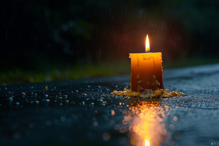 Burning candle in the rain with shallow depth of field and blurred backgroundの写真素材