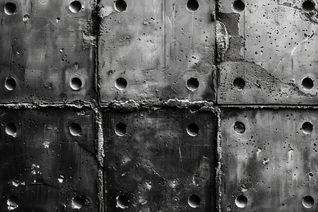Metal texture with rivets and holes. Black and white photo.の写真素材