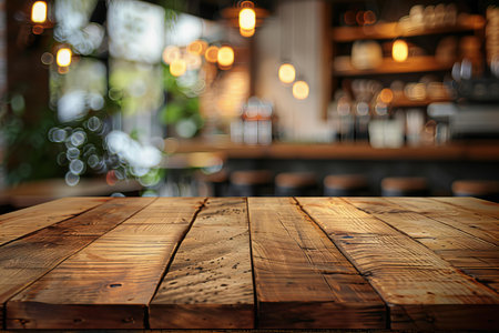 Empty wooden table and Coffee shop blur background with bokeh image.の写真素材