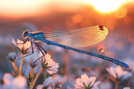 Dragonfly on the flower in the garden at sunset. Beautiful nature background.の写真素材