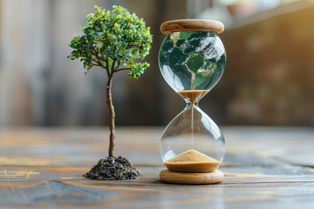 Hourglass and tree on wooden table, save the world concept.
