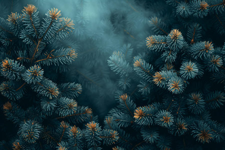 Fir tree branches with green needles in fog. Christmas background.の写真素材