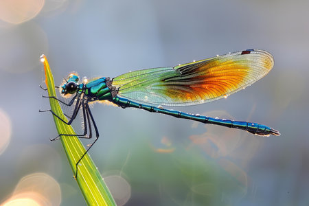 Dragonfly on a blade of grass with bokeh background.の写真素材