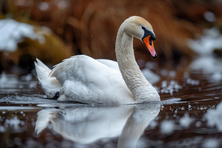Beautiful white swan swimming on the lake in winter time.の写真素材