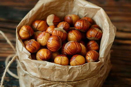 Hazelnuts in a paper bag on a dark wood background. tinting. selective focusの写真素材