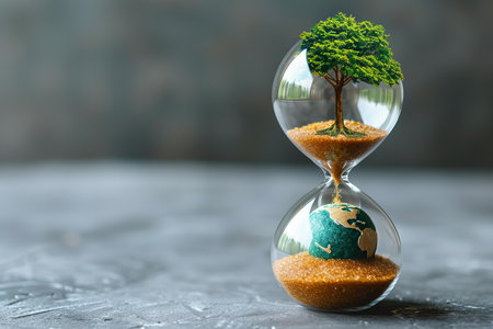 Green tree growing through hourglass on grey background. Global warming conceptの写真素材