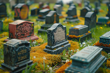 Old cemetery with tombstones and flowers, selective focus, shallow DOF.の写真素材