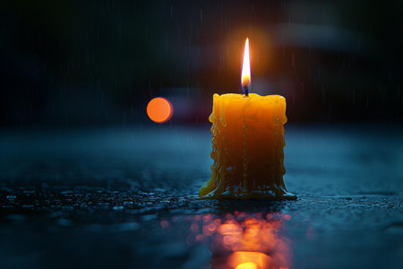 Candle in the rain with bokeh background, close up