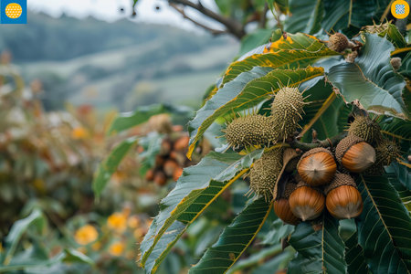 Ripe chestnuts on the branches of a tree in the autumn forest.の写真素材