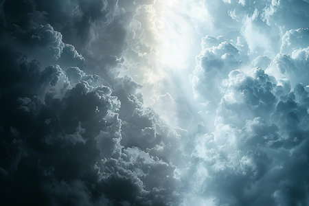 Stormy sky with sun rays and clouds. Abstract nature background.