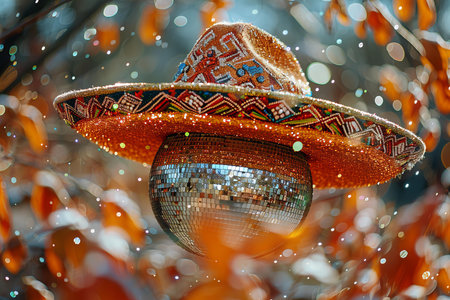 Mexican sombrero on the background of the night city.の写真素材