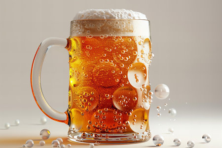 Mug of beer with foam and bubbles on a gray background.の写真素材