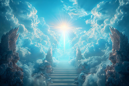Mystical fantasy scene with stairs leading to heaven. 3D renderingの写真素材