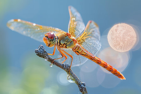 Dragonfly on a twig with water droplets in the background
