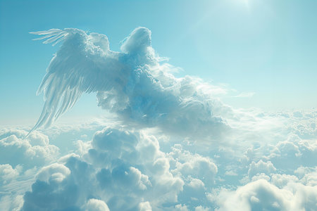 Angel wings in the blue sky. 3d render illustration of angel wings