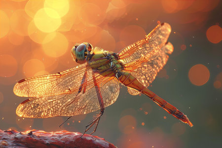 Dragonfly on a rock in the rays of the setting sun.の写真素材