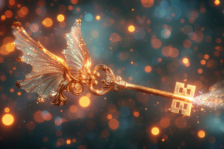 Golden key with wings on bokeh background. 3d illustrationの写真素材