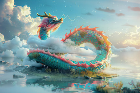Colorful dragon in the water. 3D illustration. Fantasy.の写真素材