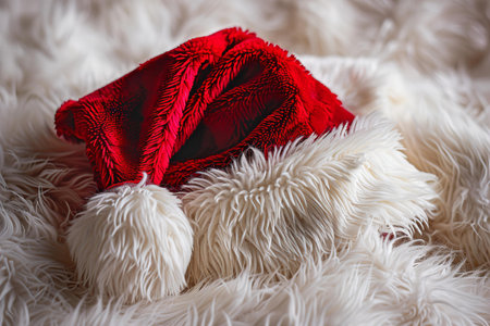 Santa Claus red hat on fur background. Christmas and New Year concept.の写真素材