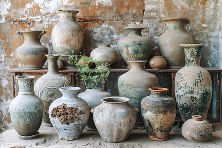 Vintage clay vases and pots on the shelf in the old factoryの写真素材