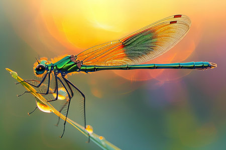 Beautiful dragonfly on the blade of grass, close-up