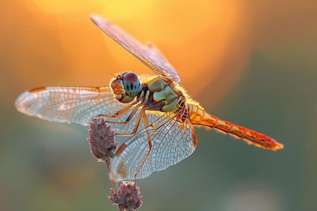 Dragonfly on a flower in the morning light. Macro photography.