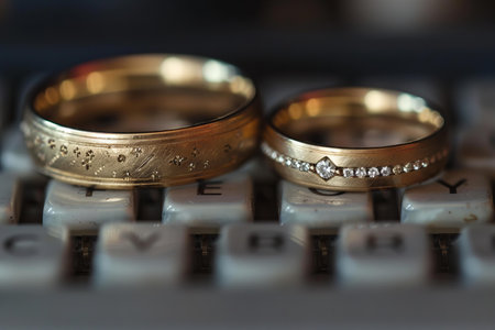 wedding rings on the keyboard of a laptop close-upの写真素材