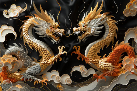 3D rendering of a fantasy dragon isolated on black silk background with golden elements