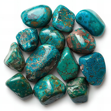 Turquoise jewel stones texture on white background. Macro closeup.の写真素材