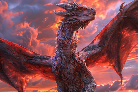 3D rendering of a fantasy dragon with red sky and clouds background