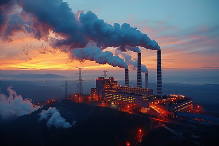 Aerial view of coal power plant with smoking chimneys at sunsetの写真素材