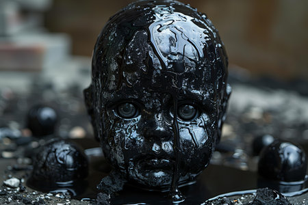 Close-up of the face of a black plastic doll in water.の写真素材
