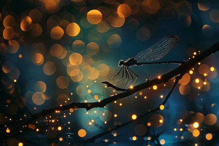 Dragonfly on a branch with bokeh lights in the backgroundの写真素材