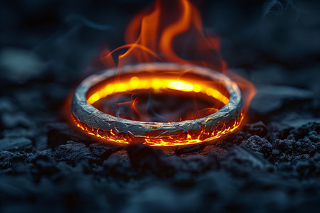 Burning ring on the ground. Conceptual photo of divorce.の写真素材